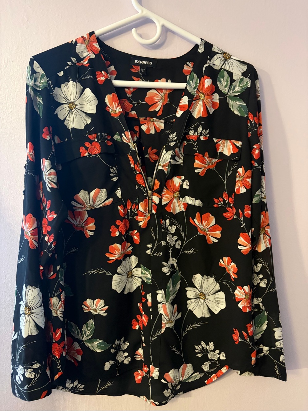 Express Black Floral Zip-Front Blouse